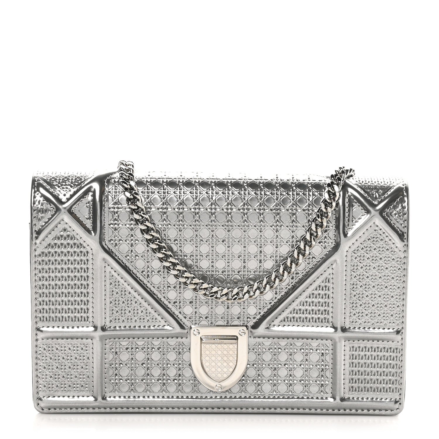 Christian Dior Metallic Patent Micro-Cannage Diorama Wallet on Chain Pouch Silver 1 of 9