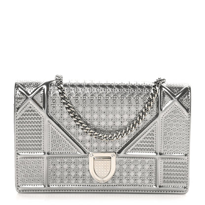 Christian Dior Metallic Patent Micro-Cannage Diorama Wallet on Chain Pouch Silver 1 of 9