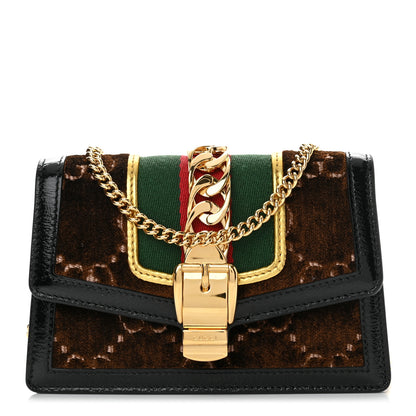 Gucci Velvet GG Monogram Super Mini Sylvie Chain Shoulder Bag Brown 1 of 9
