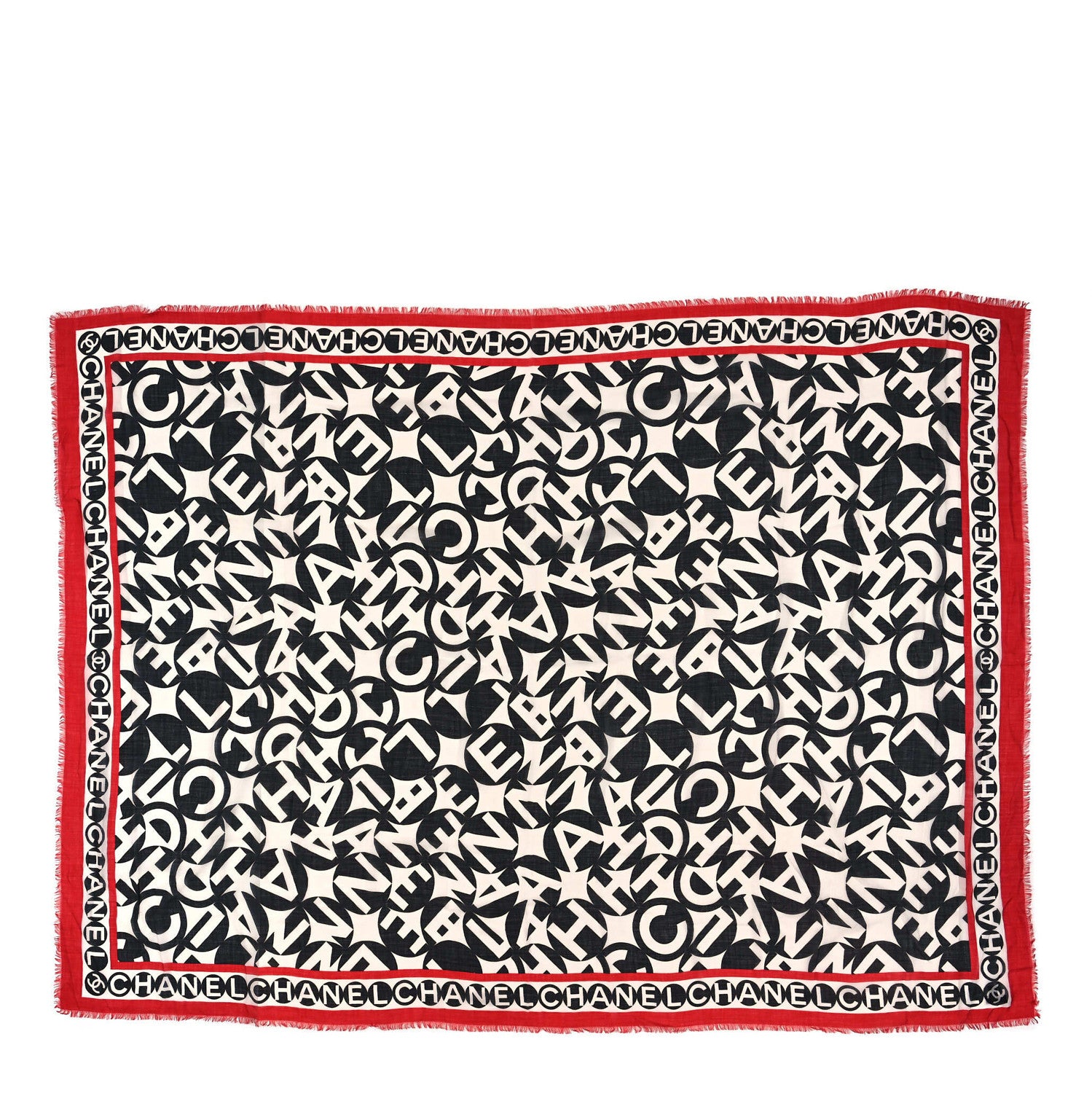 Chanel Cashmere Silk CC Logo Fringe Scarf White Black Red 1 of 4