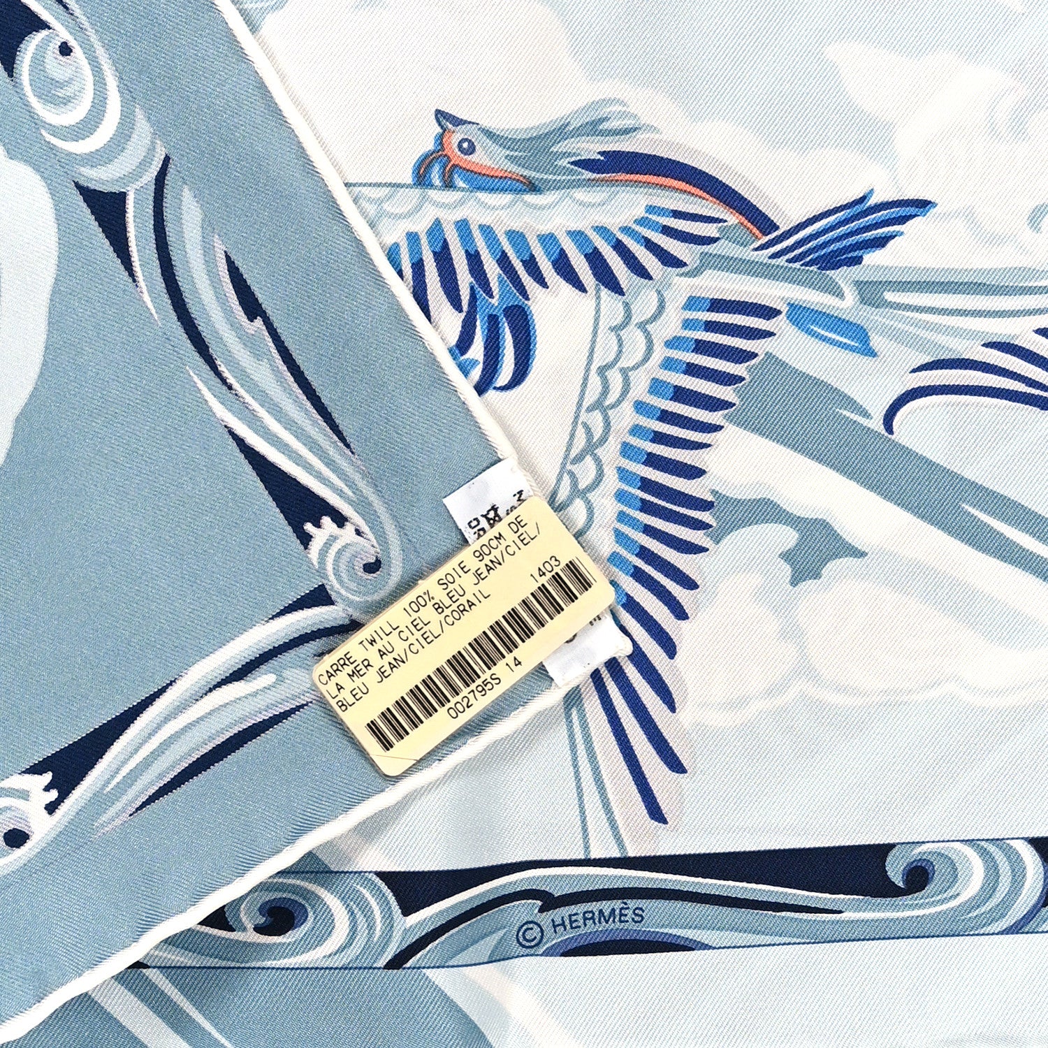 Hermes Silk De la Mer Au Ciel Scarf 90 Blue Jean Ceil Corail 3 of 3