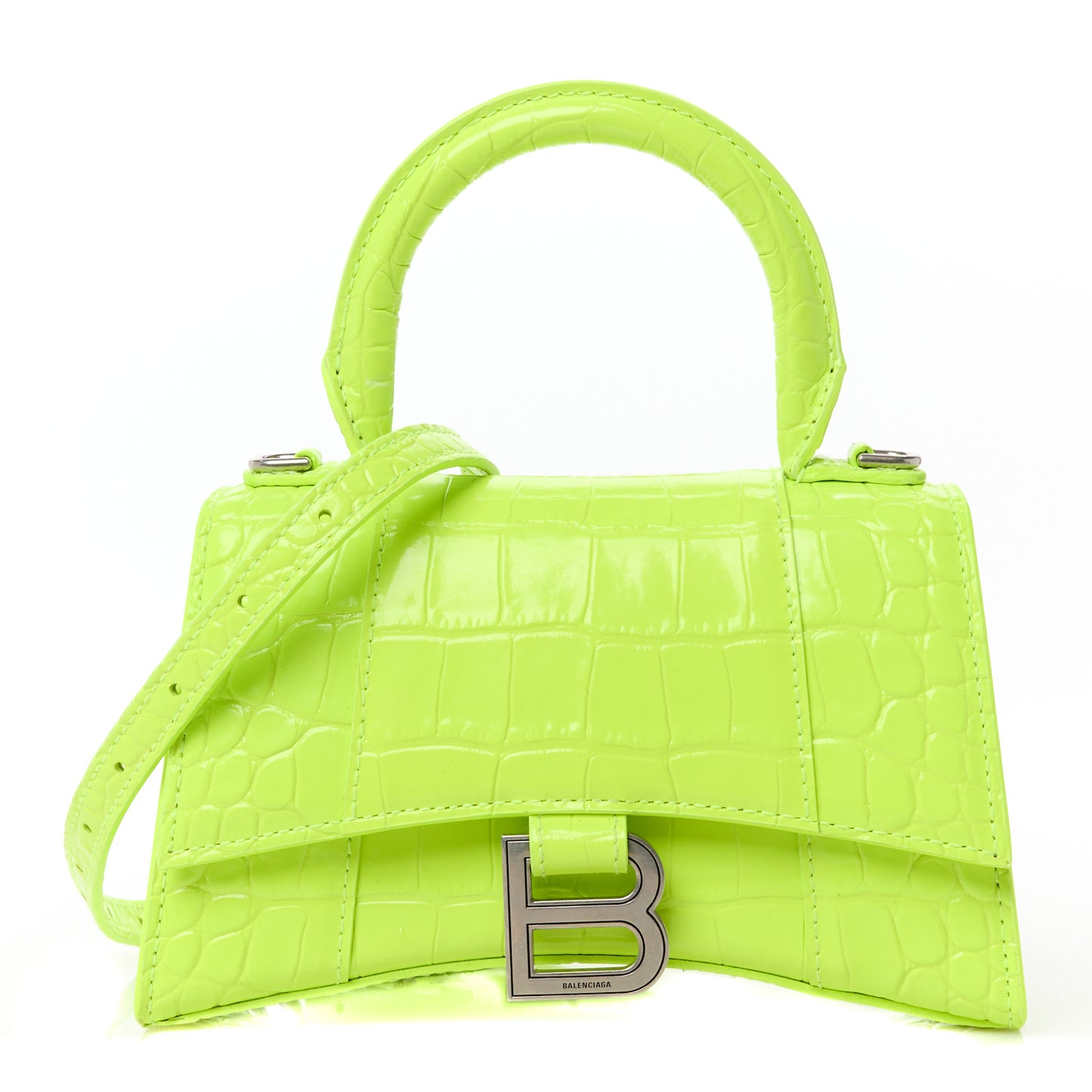 Shiny Calfskin Crocodile Embossed Hourglass Top Handle Bag XS Fluo Yellow