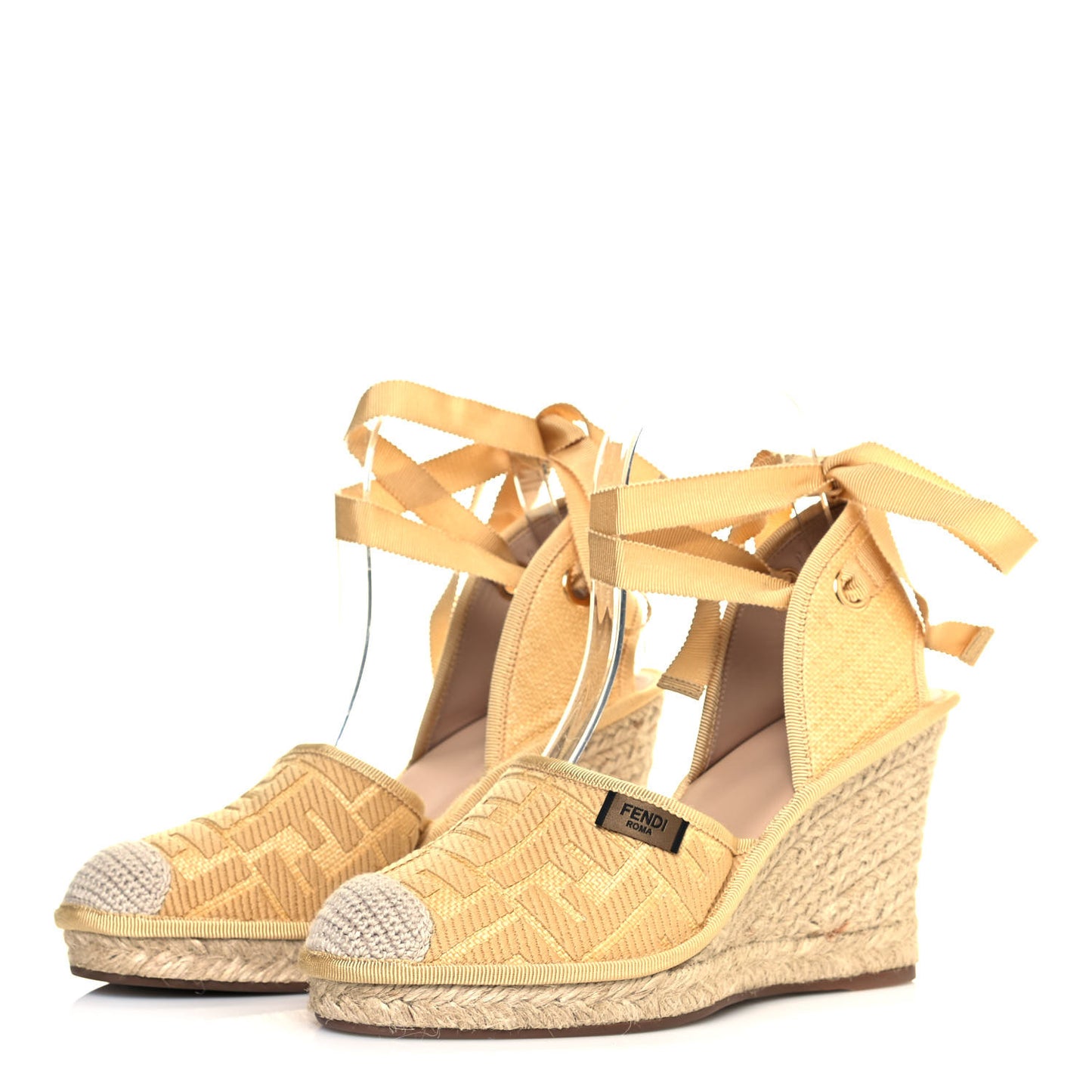 Rafia FF Embroidered Roma Ankle Wrap Espadrille Wedges 37 Natural