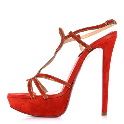 Christian Louboutin Veau Velours 20 Ans Chain Troisronds 140 Sandals 36.5 Mandarin Red Gold 1 of 25