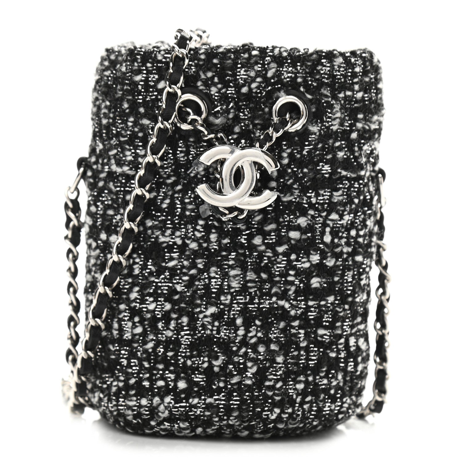 Chanel Tweed Mini Bucket Drawstring Bag Black Silver 1 of 11