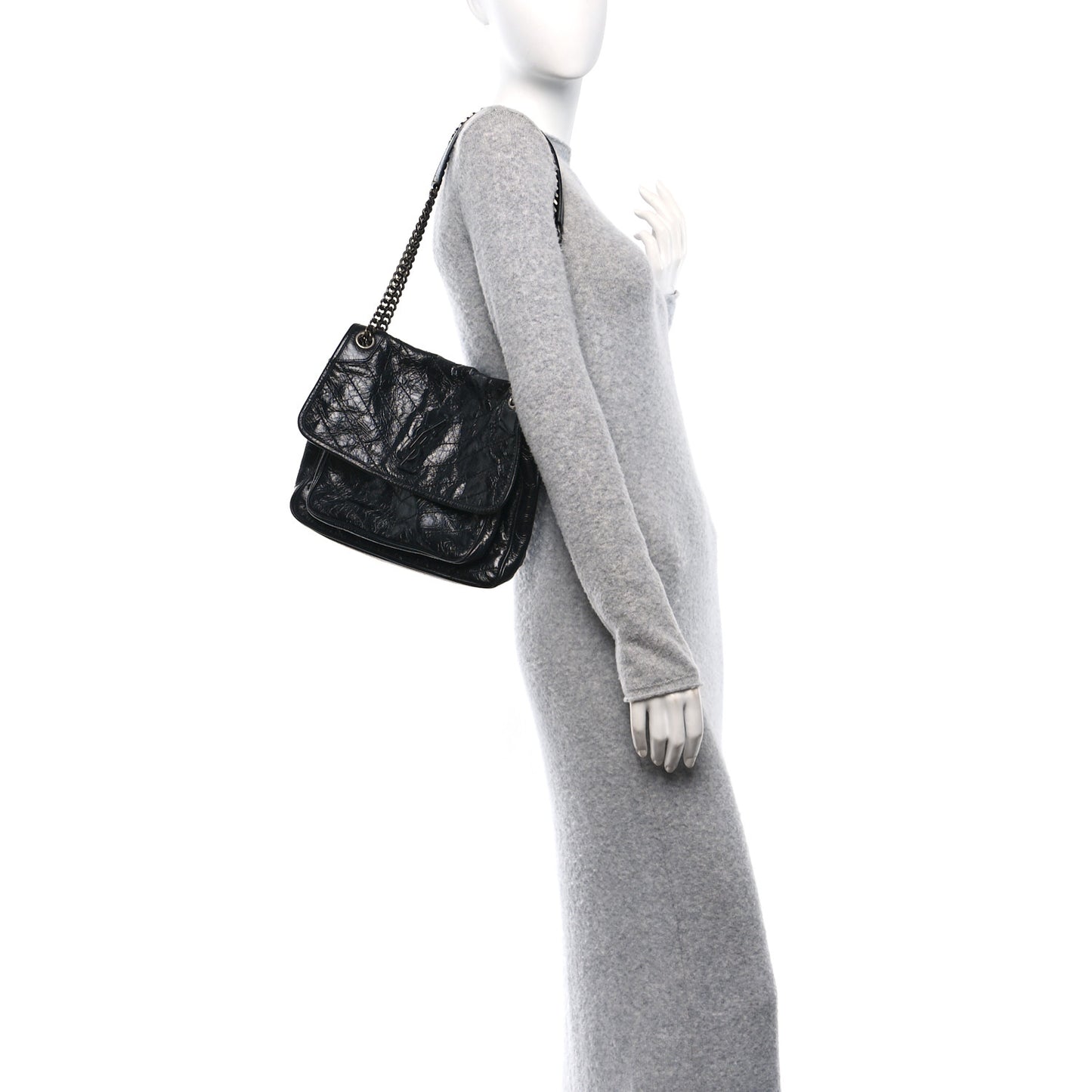 Crinkled Calfskin Matelasse Monogram Medium Niki Chain Satchel Black