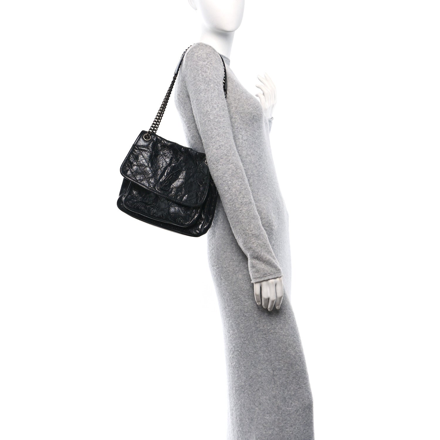 Saint Laurent Crinkled Calfskin Matelasse Monogram Medium Niki Chain Satchel Black 2 of 9