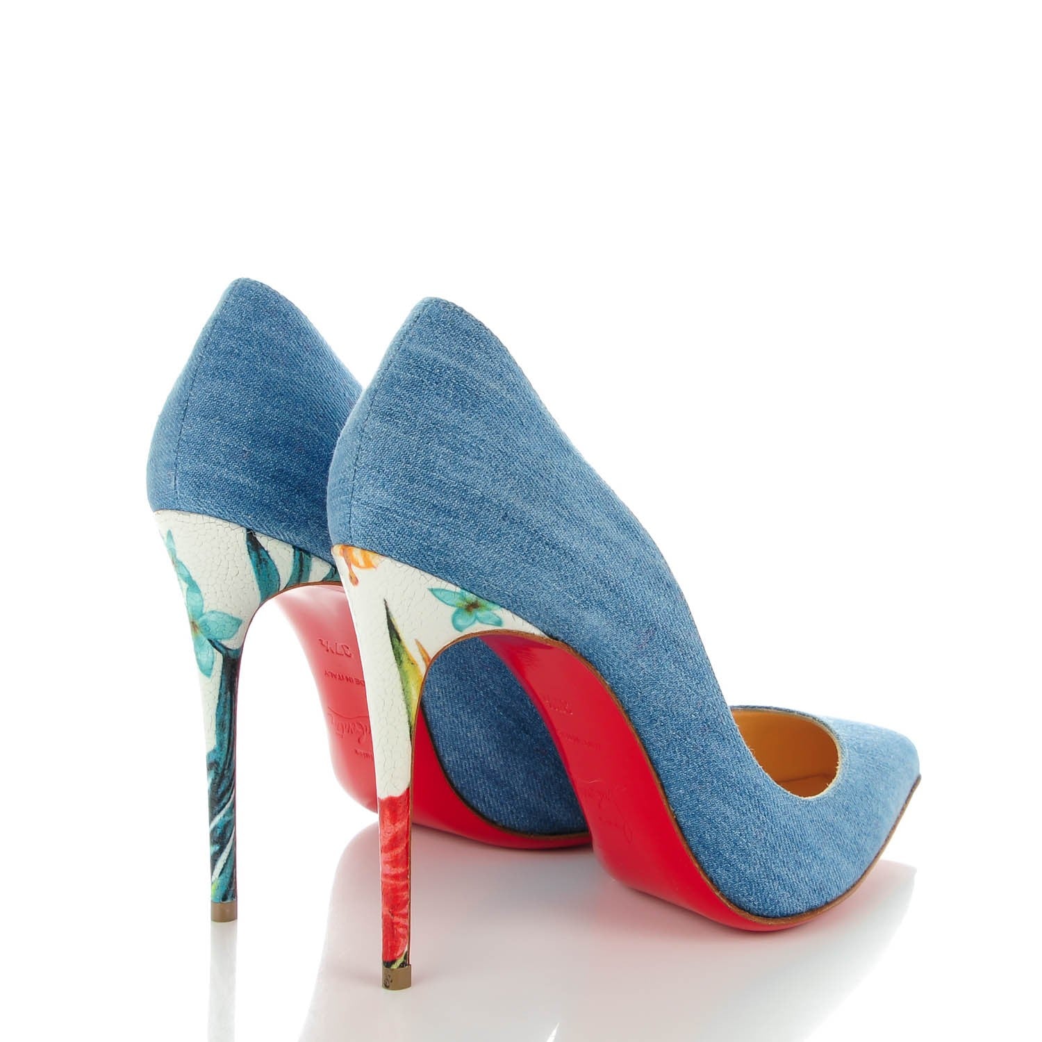 Christian Louboutin Denim Crackled Calfskin Hawaiian Print Pigalle Follies 100 Pumps 37.5 Blue White 4 of 8