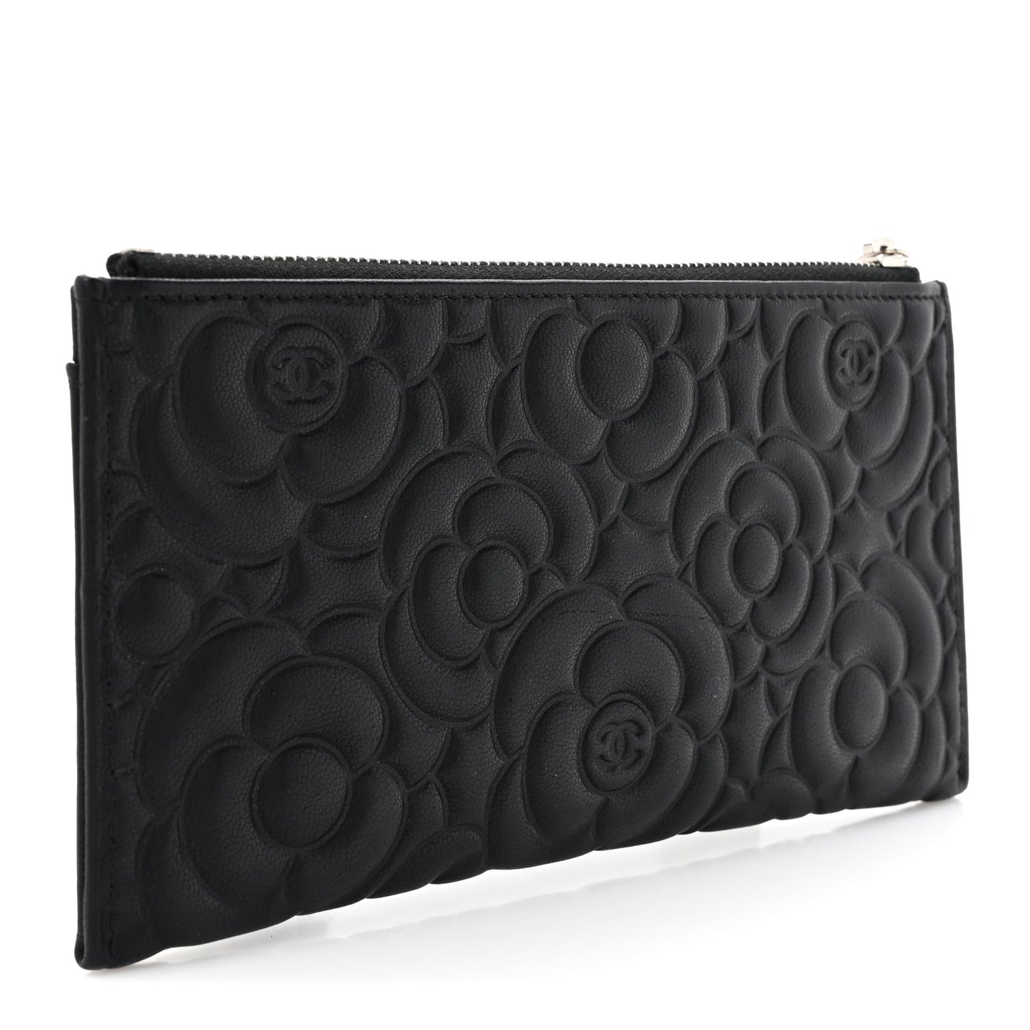 Lambskin Camellia Embossed Classic Zip Pouch Black