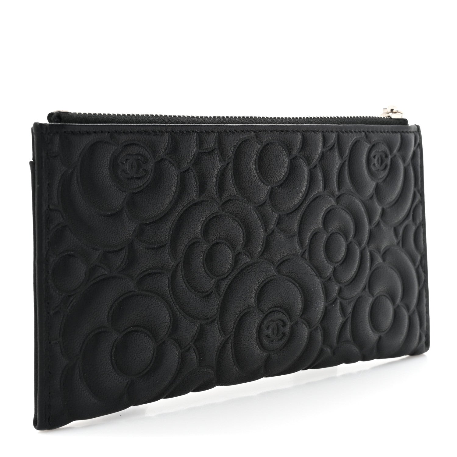 Chanel Lambskin Camellia Embossed Classic Zip Pouch Black 3 of 10