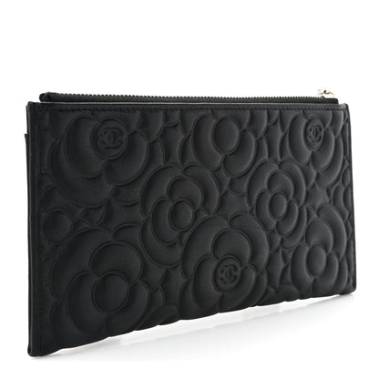 Chanel Lambskin Camellia Embossed Classic Zip Pouch Black 3 of 10