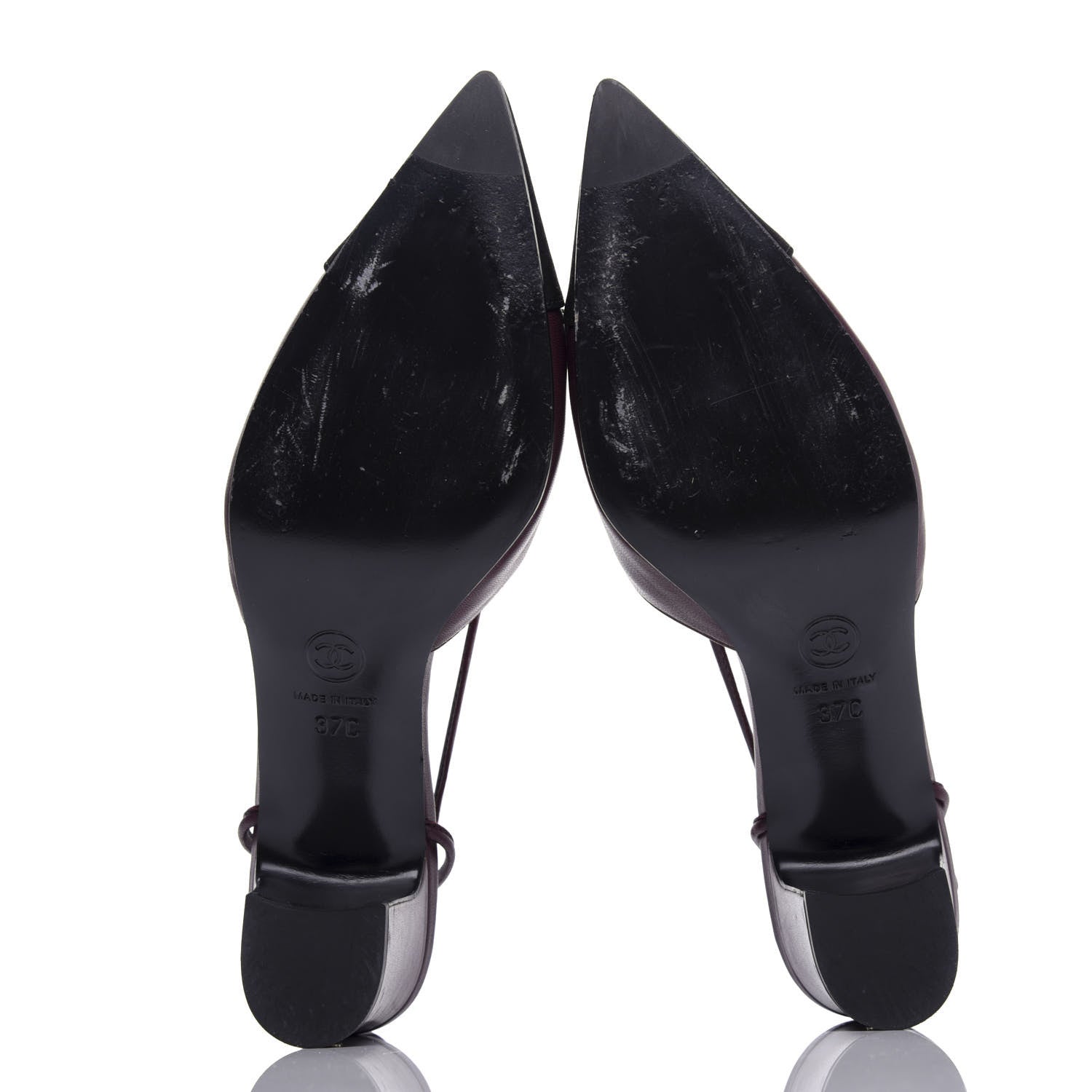 Chanel Lambskin Satin Slingback Cap Toe Bow Pumps 37 Burgundy Black 6 of 10