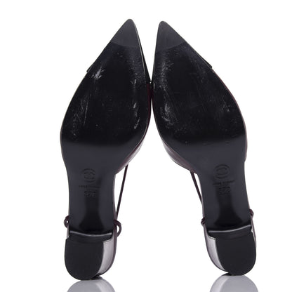 Chanel Lambskin Satin Slingback Cap Toe Bow Pumps 37 Burgundy Black 6 of 10