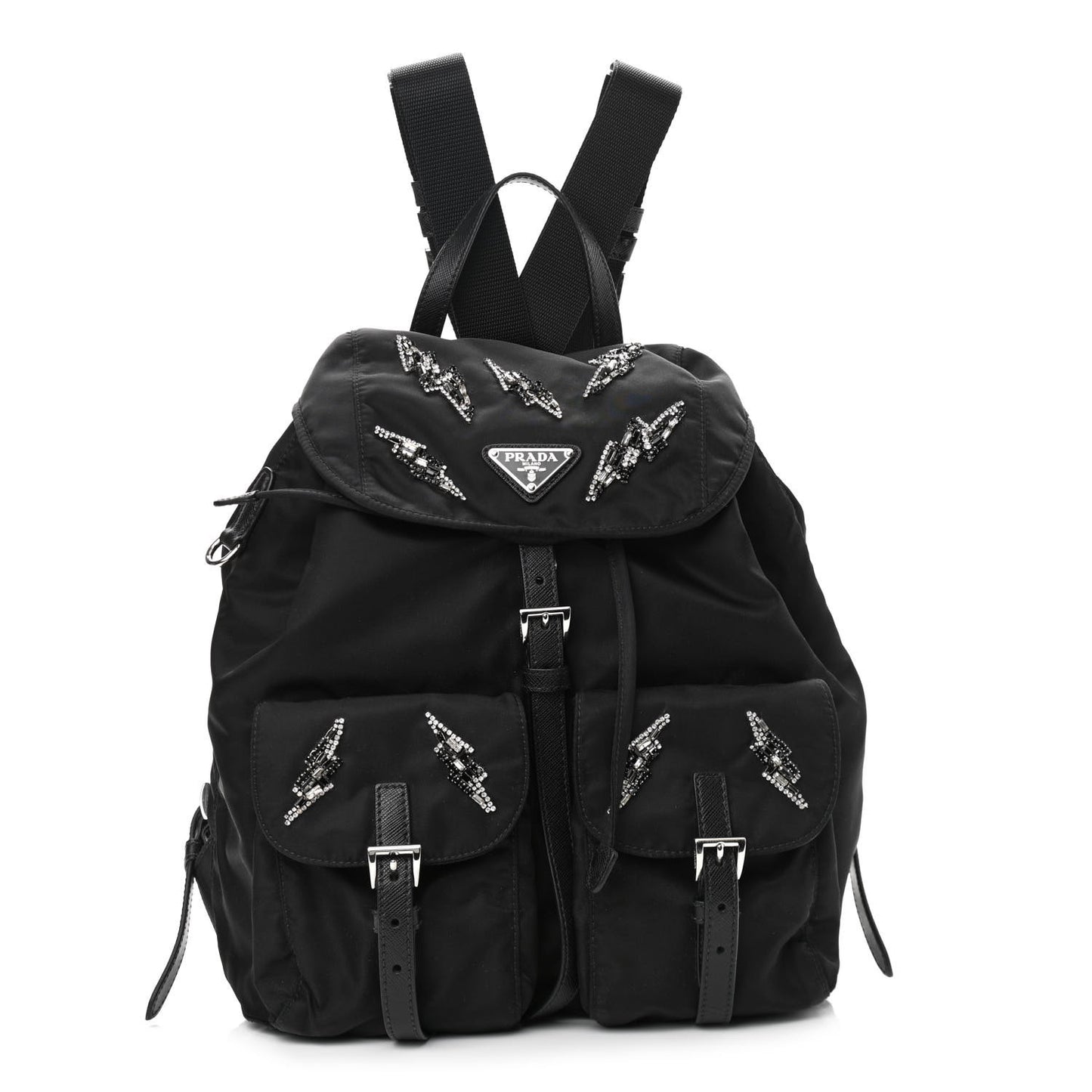 Tessuto Nylon Sequin Metal Triangle Logo Lightning Backpack Black