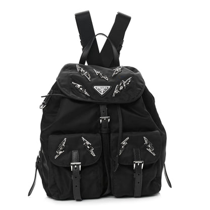 Prada Tessuto Nylon Sequin Metal Triangle Logo Lightning Backpack Black 1 of 9