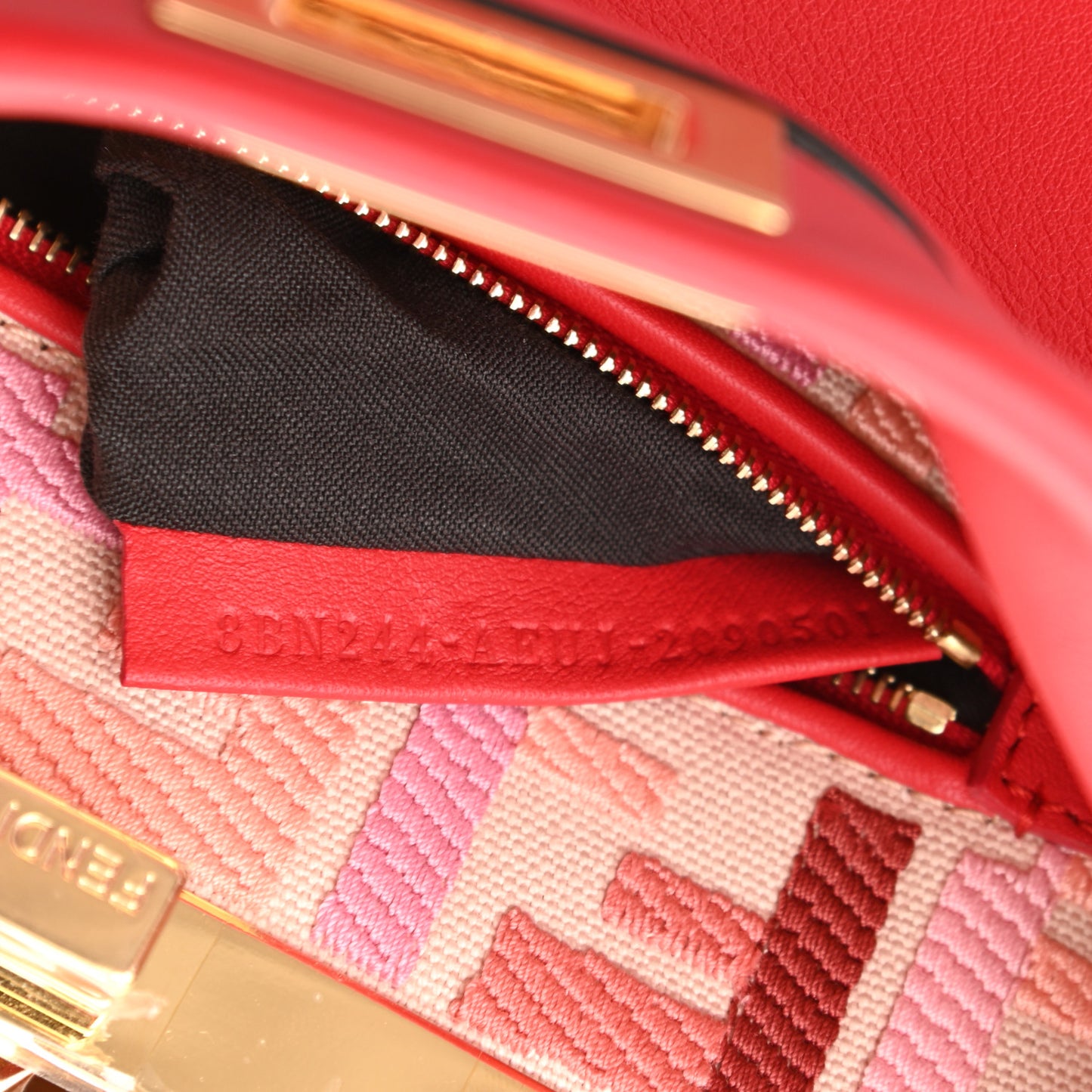 Vitello Seta Canvas FF Embroidered Mini Peekaboo Iconic Satchel Rosso Cardinale Multicolor