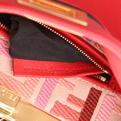 Fendi Vitello Seta Canvas FF Embroidered Mini Peekaboo Iconic Satchel Rosso Cardinale Multicolor 7 of 8