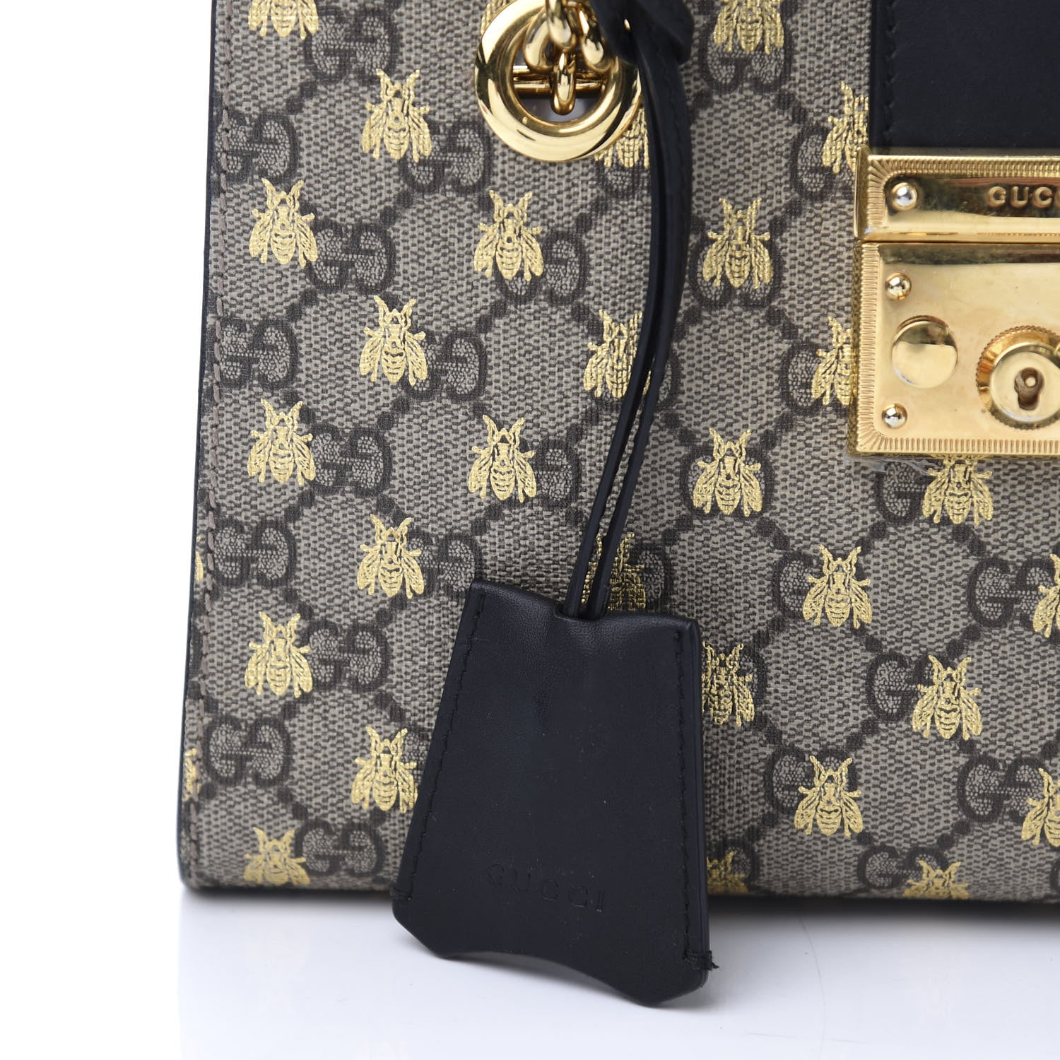 Gucci GG Supreme Monogram Bees Small Padlock Tote Beige Oro Black 12 of 13