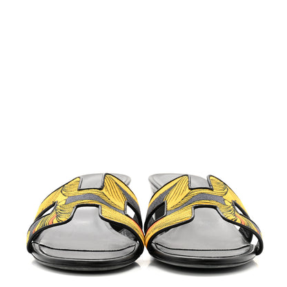 Hermes Cotton Canvas Nappa Iris Printed Oasis Sandals 41 Encre Black 2 of 9