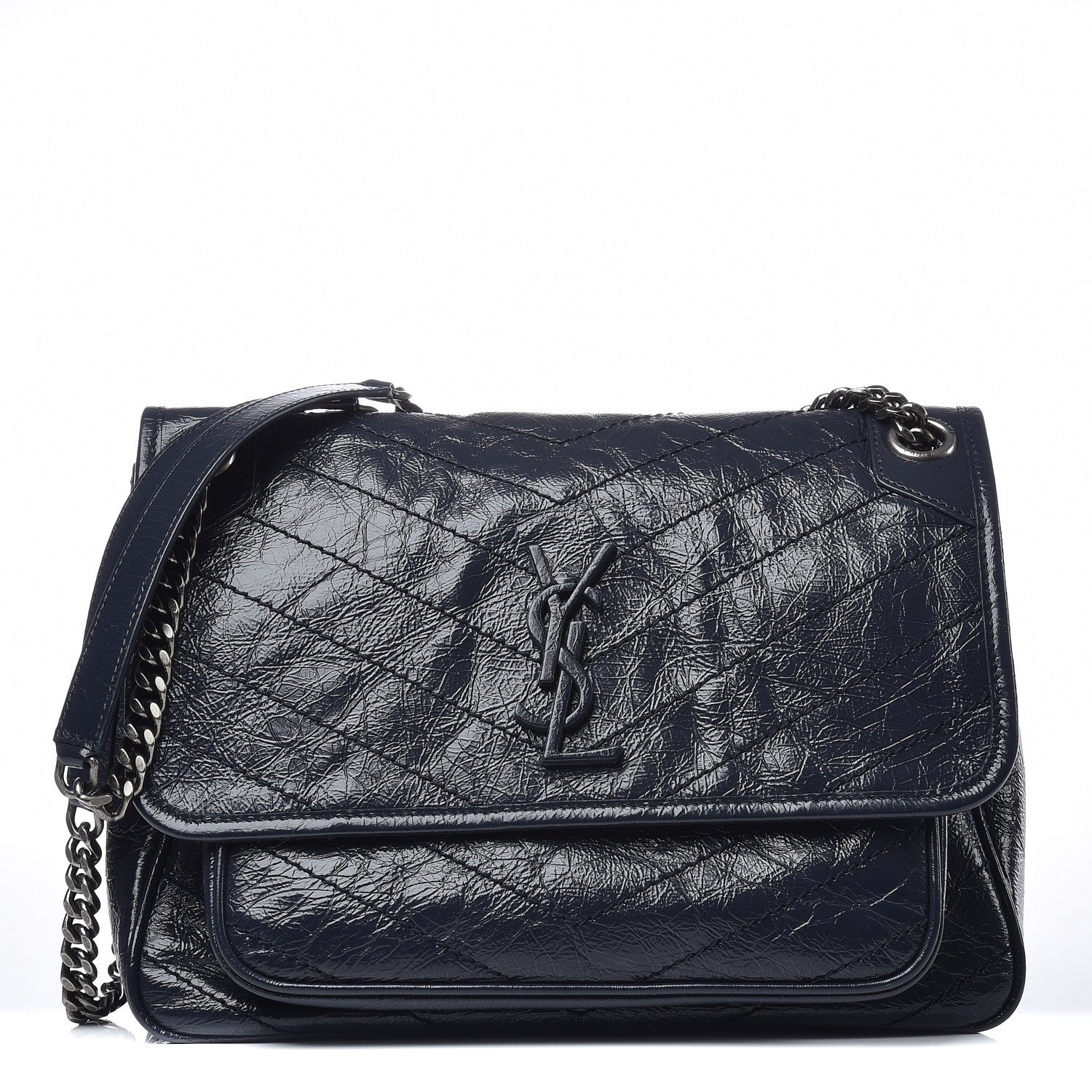 Saint Laurent Crinkled Calfskin Matelasse Medium Niki Chain Satchel Deep Marine 1 of 9