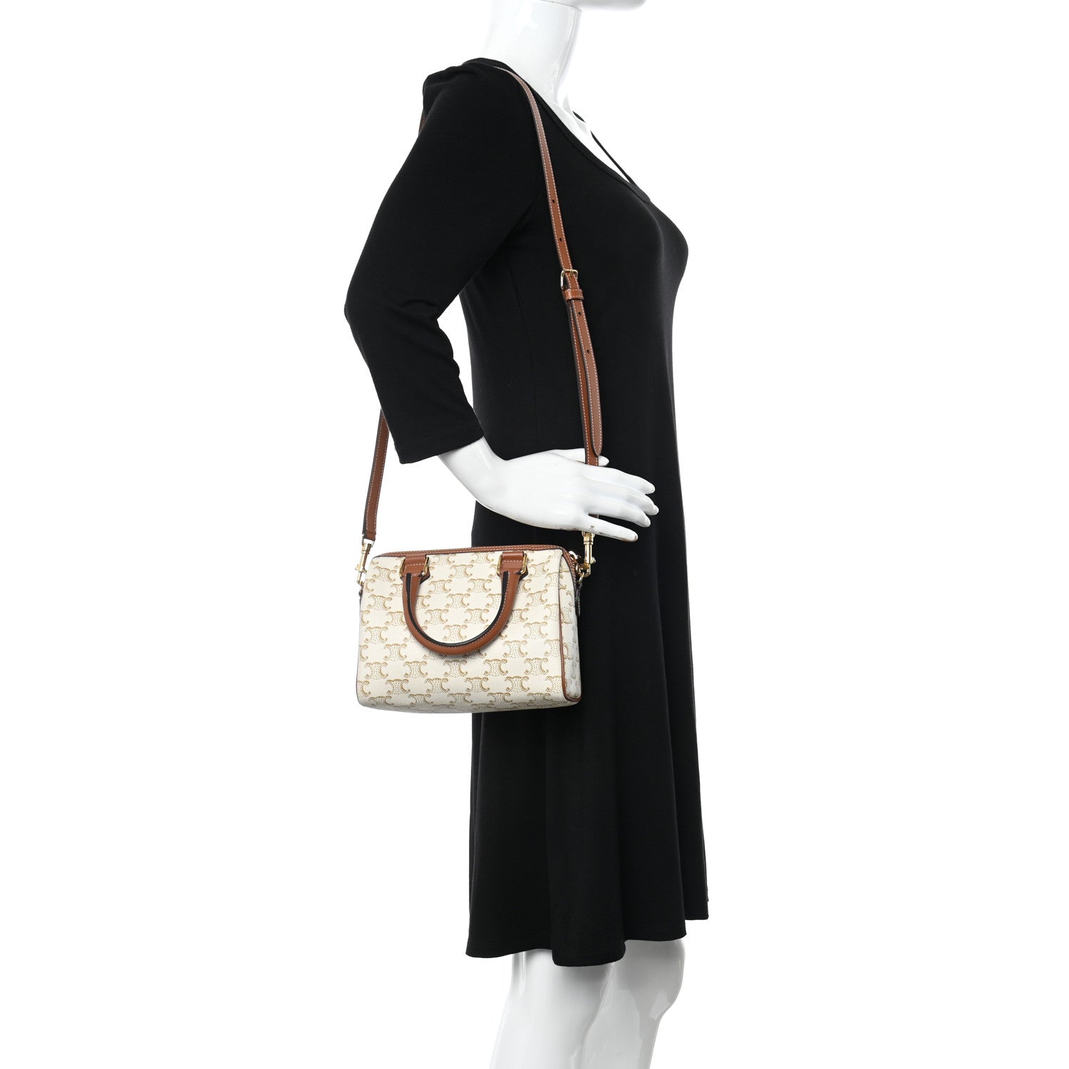 Celine Triomphe Canvas Calfskin Small Boston Bag White 2 of 11