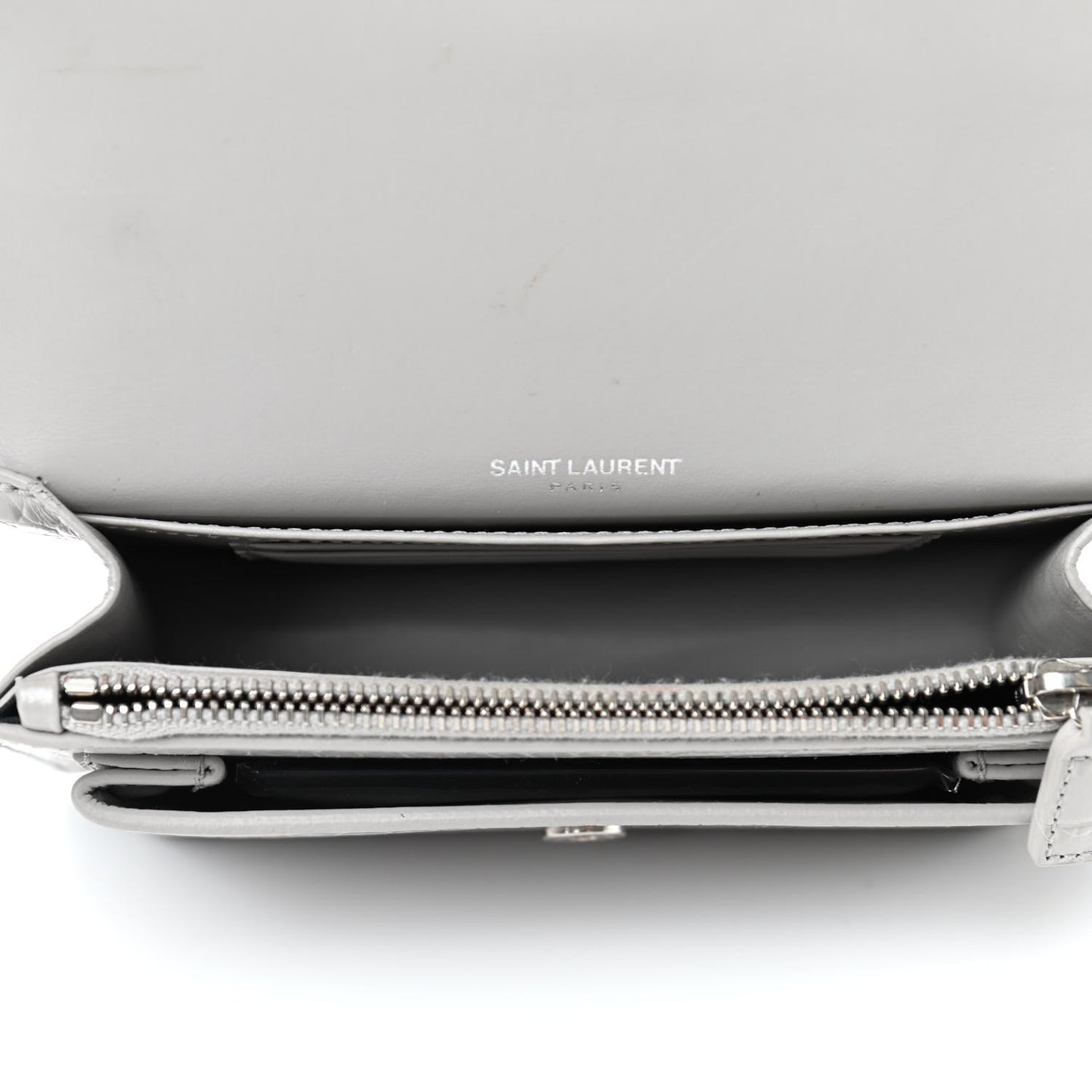 Calfskin Crocodile Embossed Monogram Sunset Chain Wallet Mouse Grey