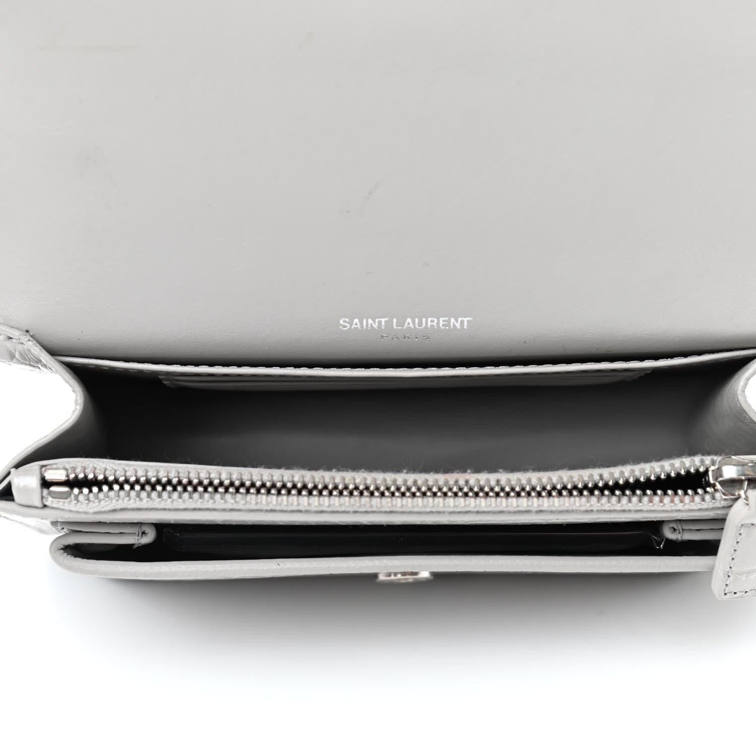 Saint Laurent Calfskin Crocodile Embossed Monogram Sunset Chain Wallet Mouse Grey 4 of 5