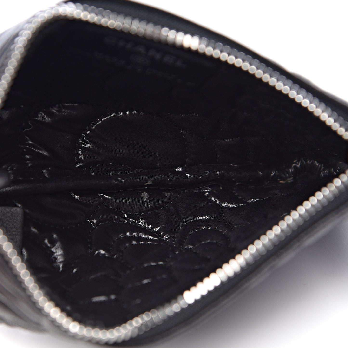 Goatskin Camellia Embossed Cosmetic Pouch Black