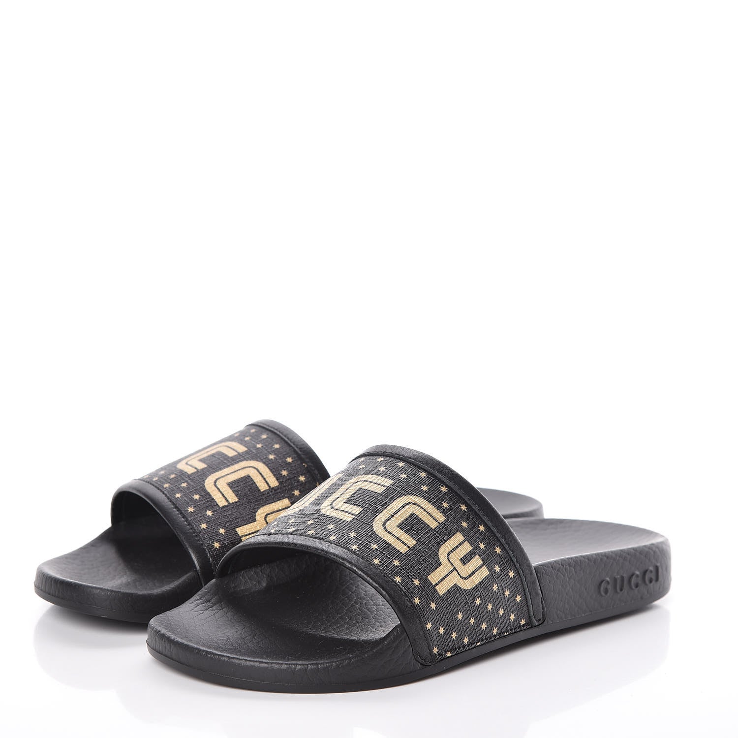 Gucci X SEGA Supreme Canvas GUCCY Stars Womens Slide Sandals 34 Black Gold 3 of 8