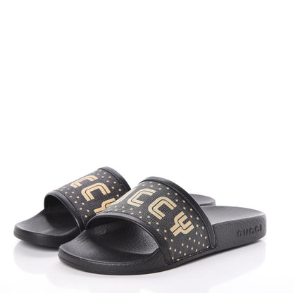 Gucci X SEGA Supreme Canvas GUCCY Stars Womens Slide Sandals 34 Black Gold 3 of 8