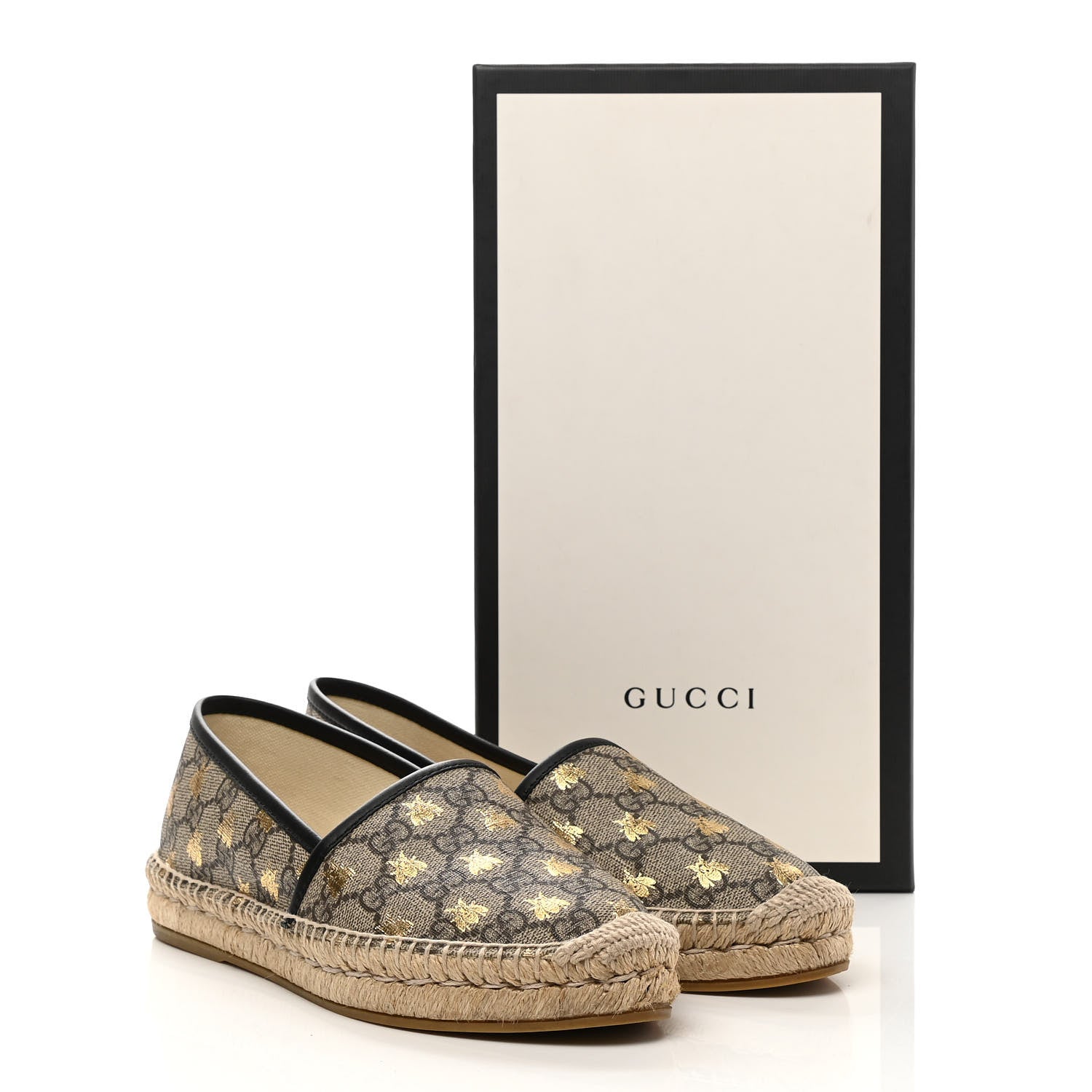 Gucci GG Supreme Monogram Bees Espadrille Flats 37.5 Beige Ebony Oro Black 9 of 9