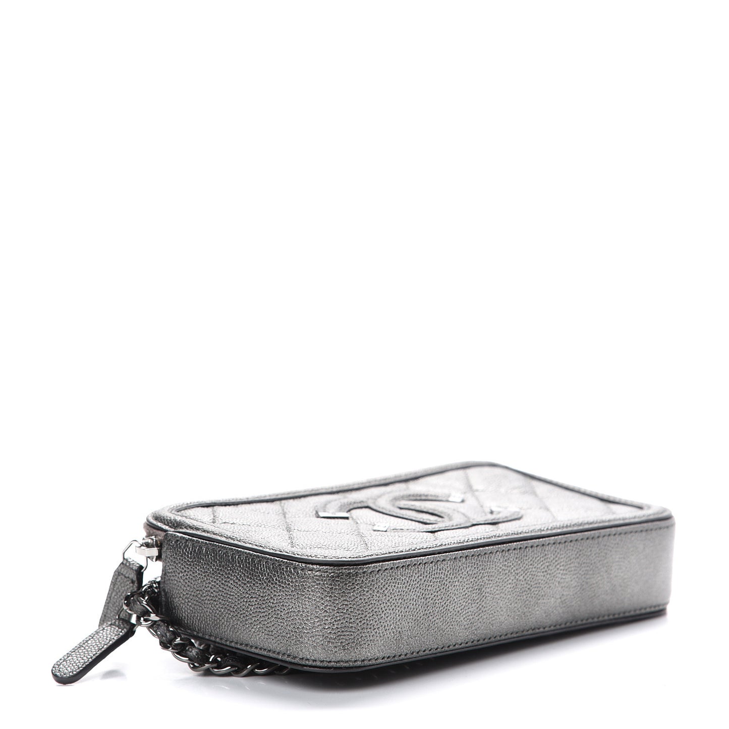 Metallic Caviar Quilted CC Filigree Clutch With Chain Dark Silver