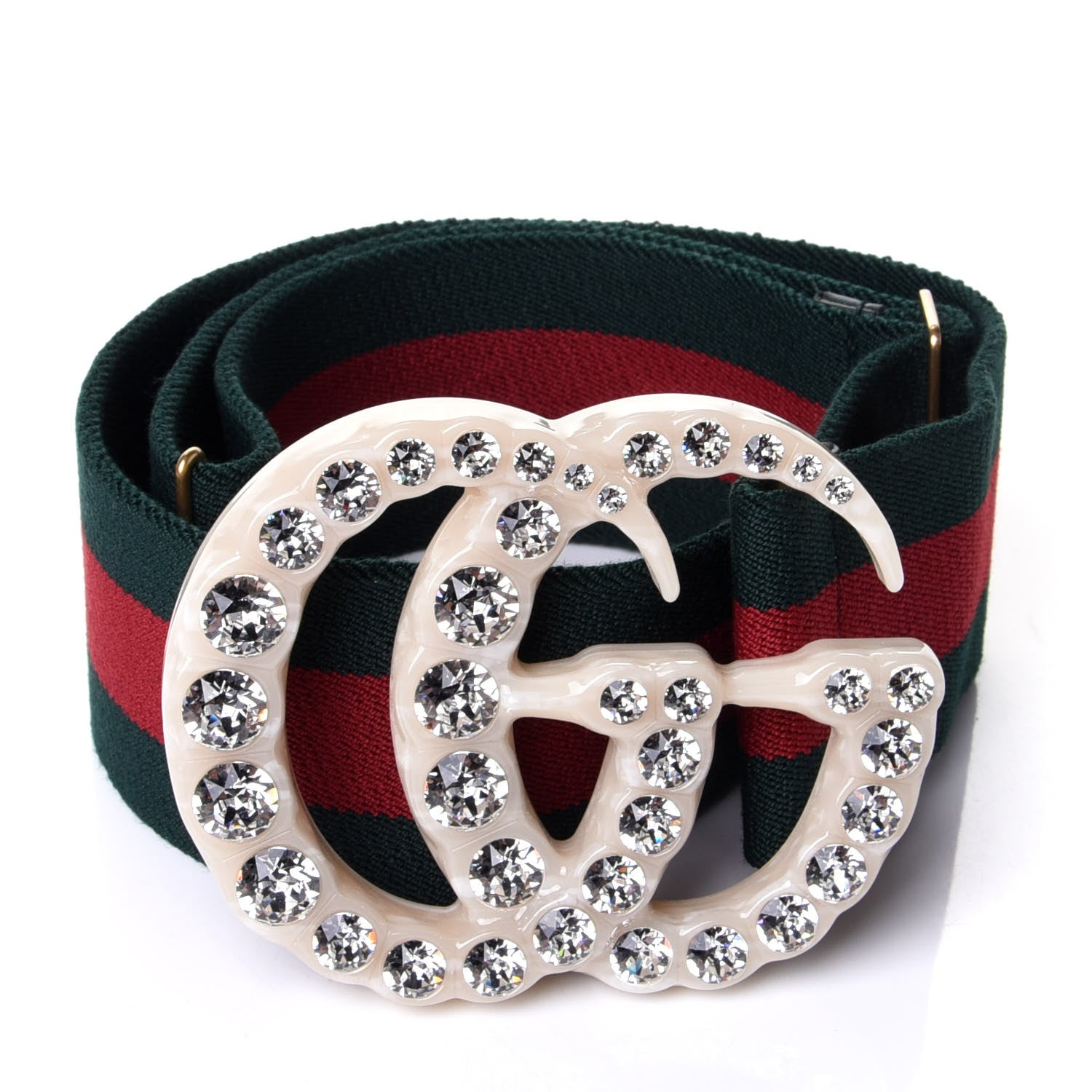 Gucci Elastic Web Crystal Embellished Plexiglass GG Marmont Belt 80 32 Red Green 1 of 4