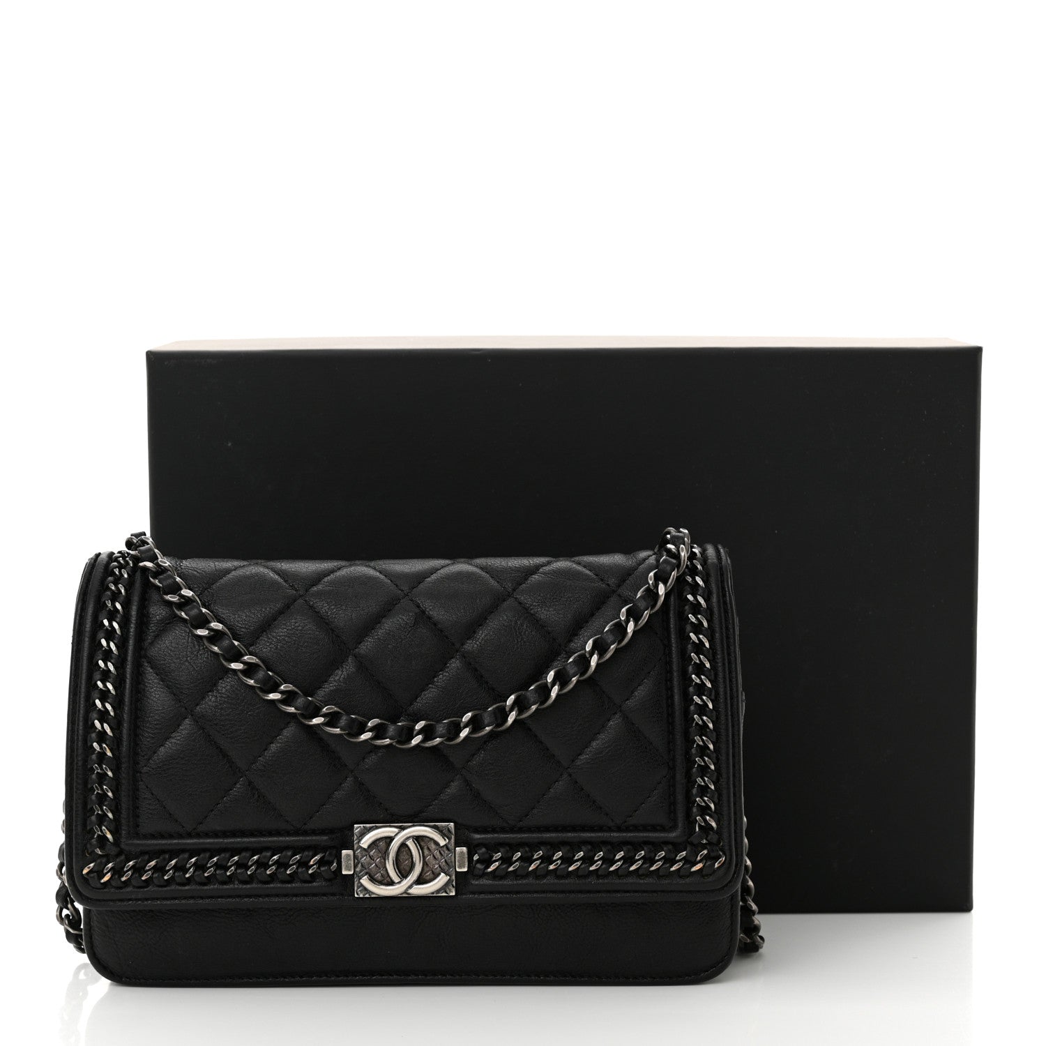 Chanel Calfskin Quilted Chain Around Boy Wallet On Chain WOC Black 14 of 14