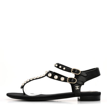 Chanel Lambskin Pearl Thong Sandals 38.5 Black 1 of 8