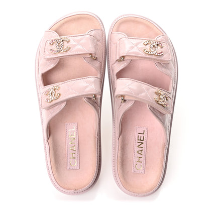 Chanel Shiny Calfskin Quilted Velcro Dad Crystal CC Slide Sandals 37.5 Light Pink 2 of 10