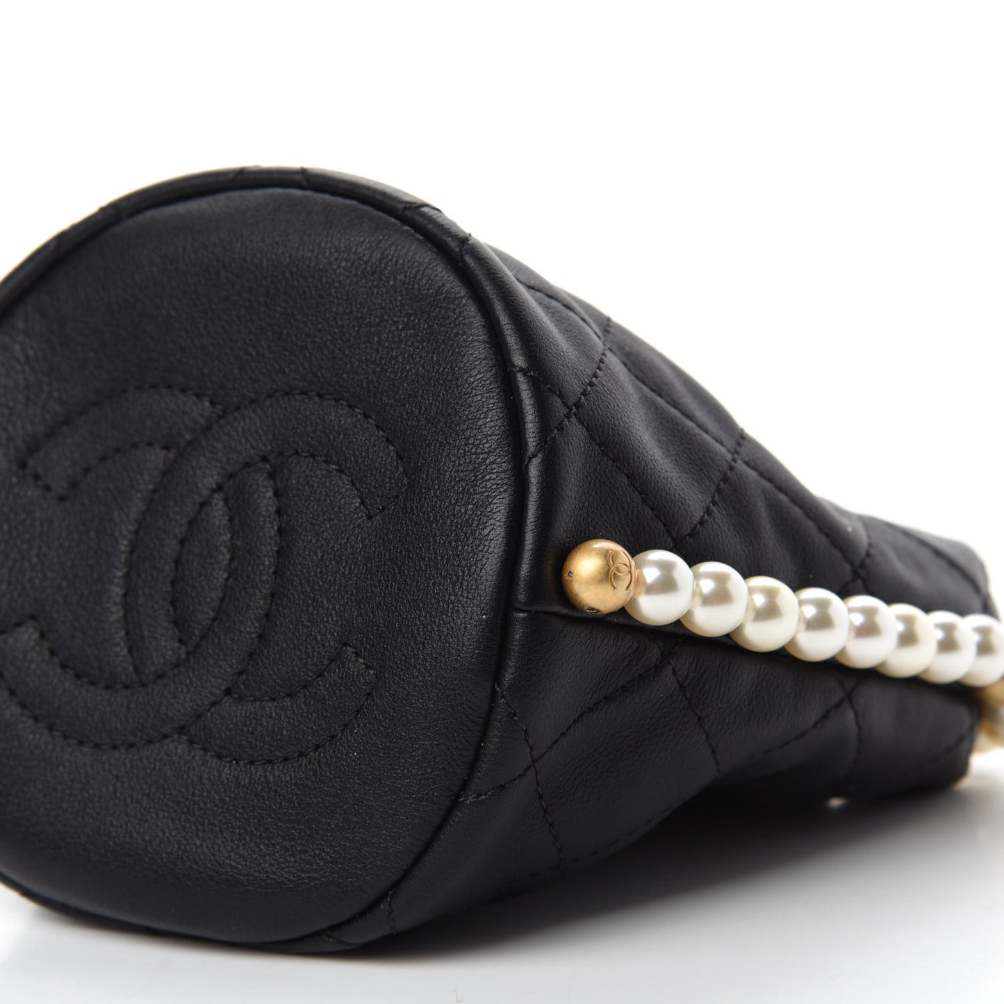 Calfskin Quilted Pearl Mini About Pearls Drawstring Bucket Bag Black