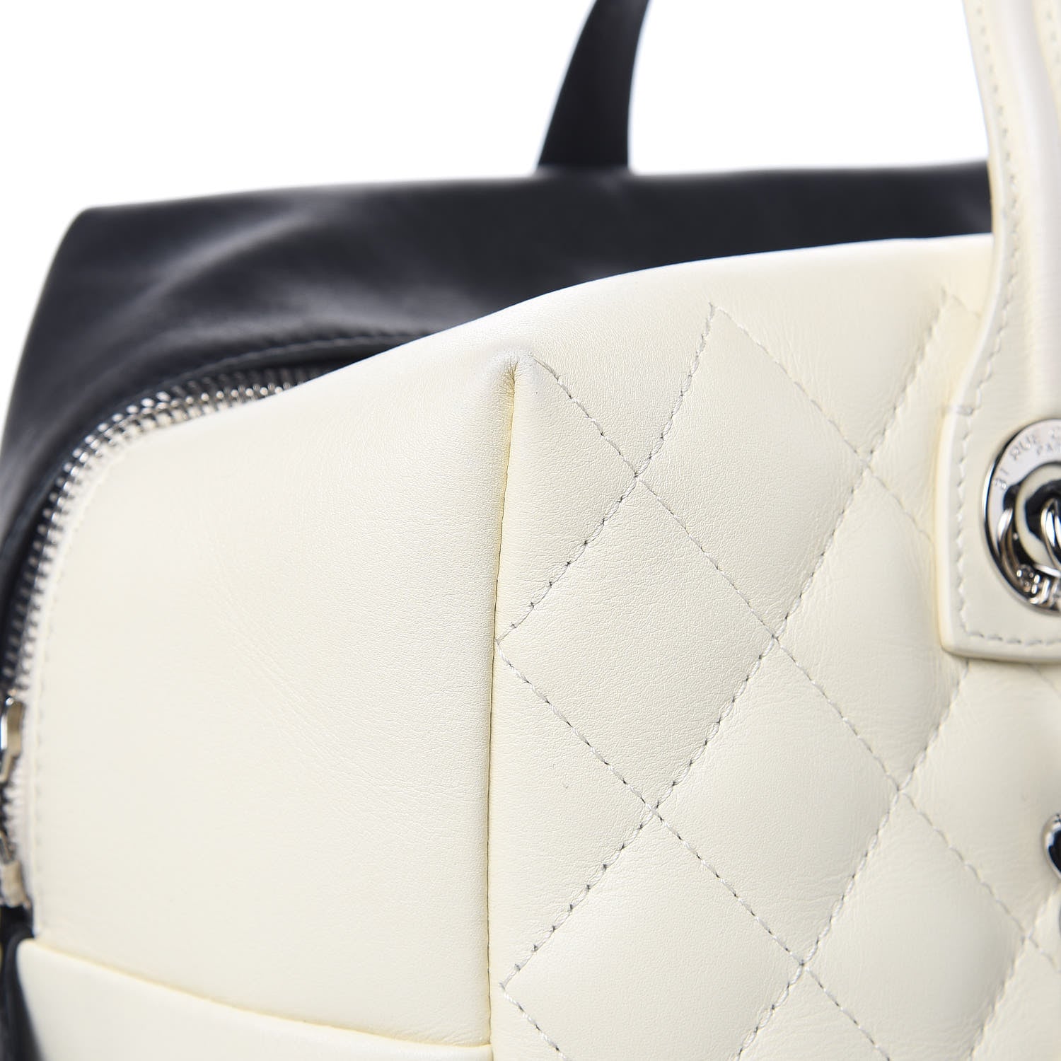 Chanel Calfskin Quilted Feather Weight Bowling Bag Black Beige 14 of 17