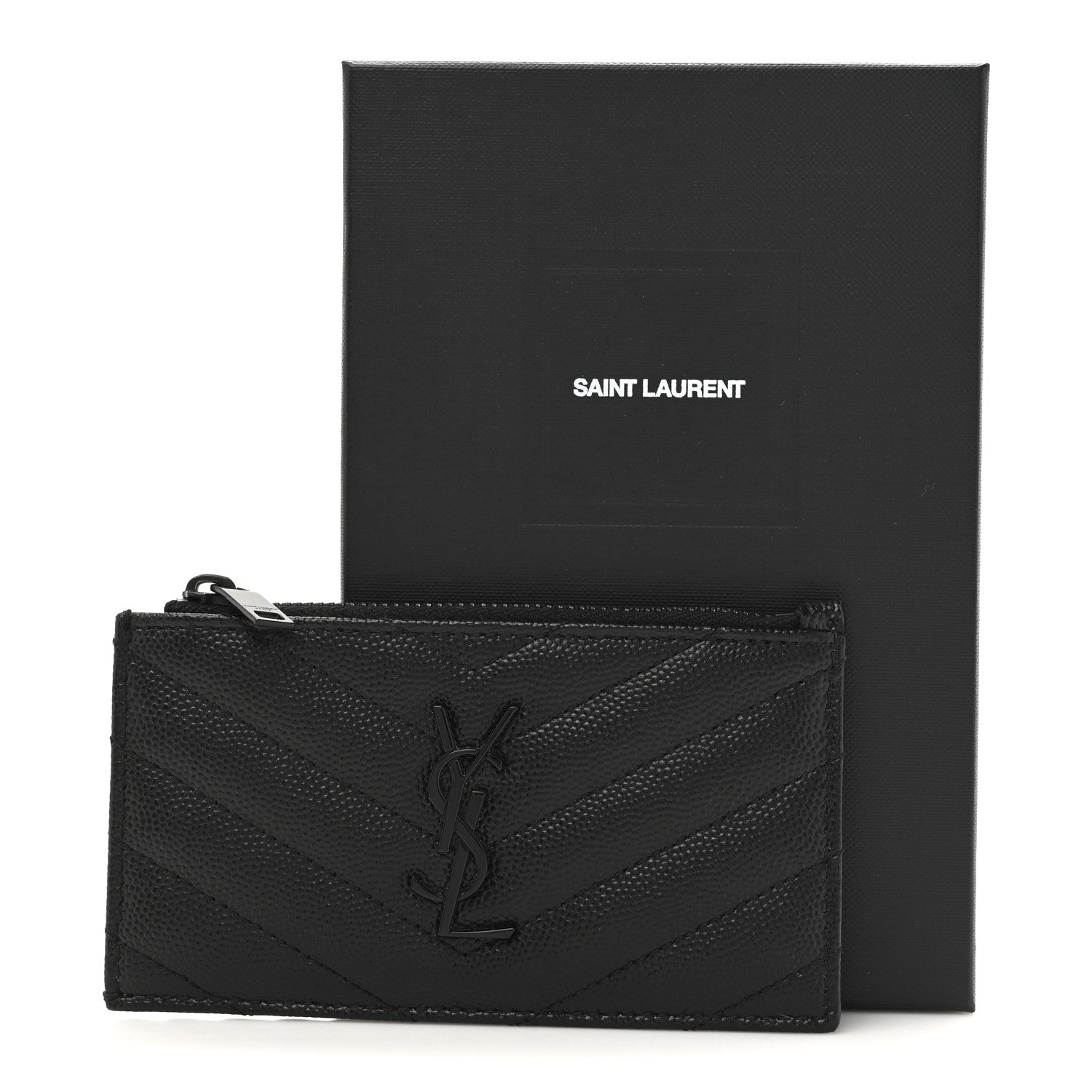 Saint Laurent Grain De Poudre Matelasse Chevron Monochrome Fragments Zippered Card Case Black 8 of 8