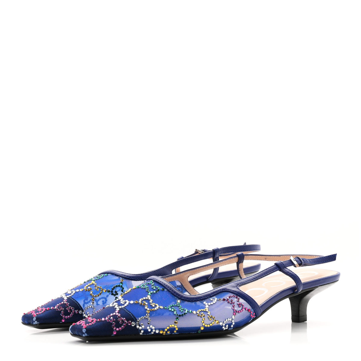 Gucci Tela Retino Nappa Charlotte Crystal GG Monogram Square G 35mm Slingback Pumps 38 Splash Net Blue Witch 4 of 9