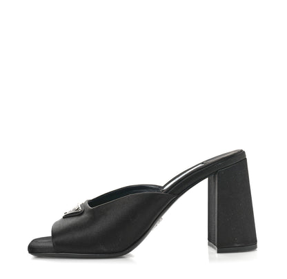 Prada Satin Metal Triangle Logo 85mm Slide Sandals 37 Black 1 of 9