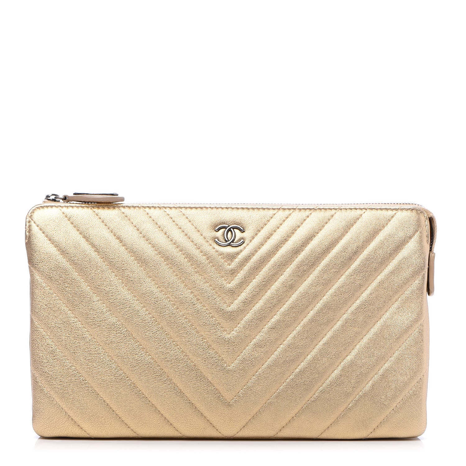 Chanel Metallic Calfskin Chevron Quilted Medium Cosmetic Case Light Gold 1 of 11