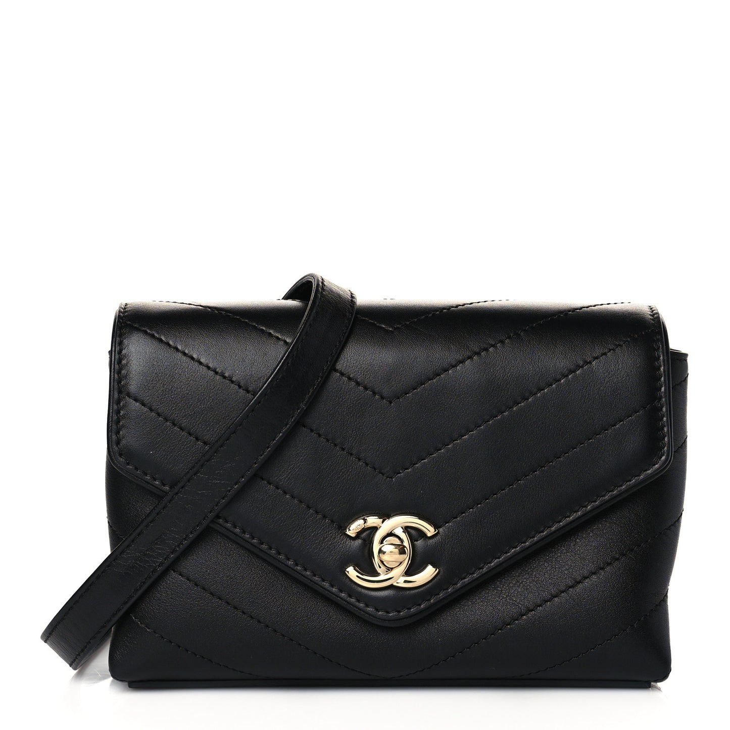Calfskin Chevron Stitched Waist Belt Bag Black