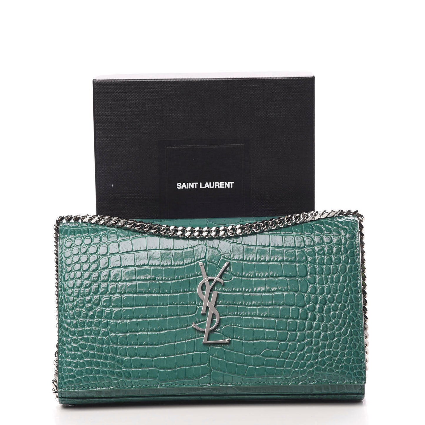 Calfskin Crocodile Embossed Monogram Chain Wallet Water Green