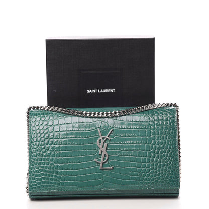 Saint Laurent Calfskin Crocodile Embossed Monogram Chain Wallet Water Green 11 of 11