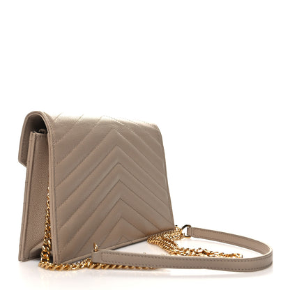 Saint Laurent Grain De Poudre Matelasse Chevron Monogram Envelope Chain Wallet Dark Beige 2 of 12