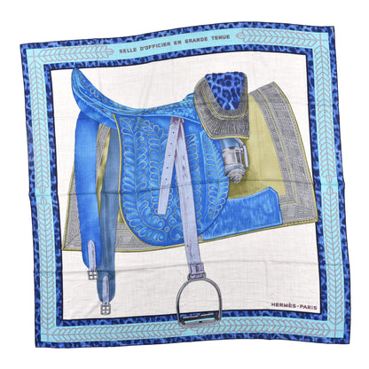 Hermes Cashmere Silk Selle d'Officier En Grande Tenue Shawl 140 Gris Chine Bleu Khaki 1 of 3