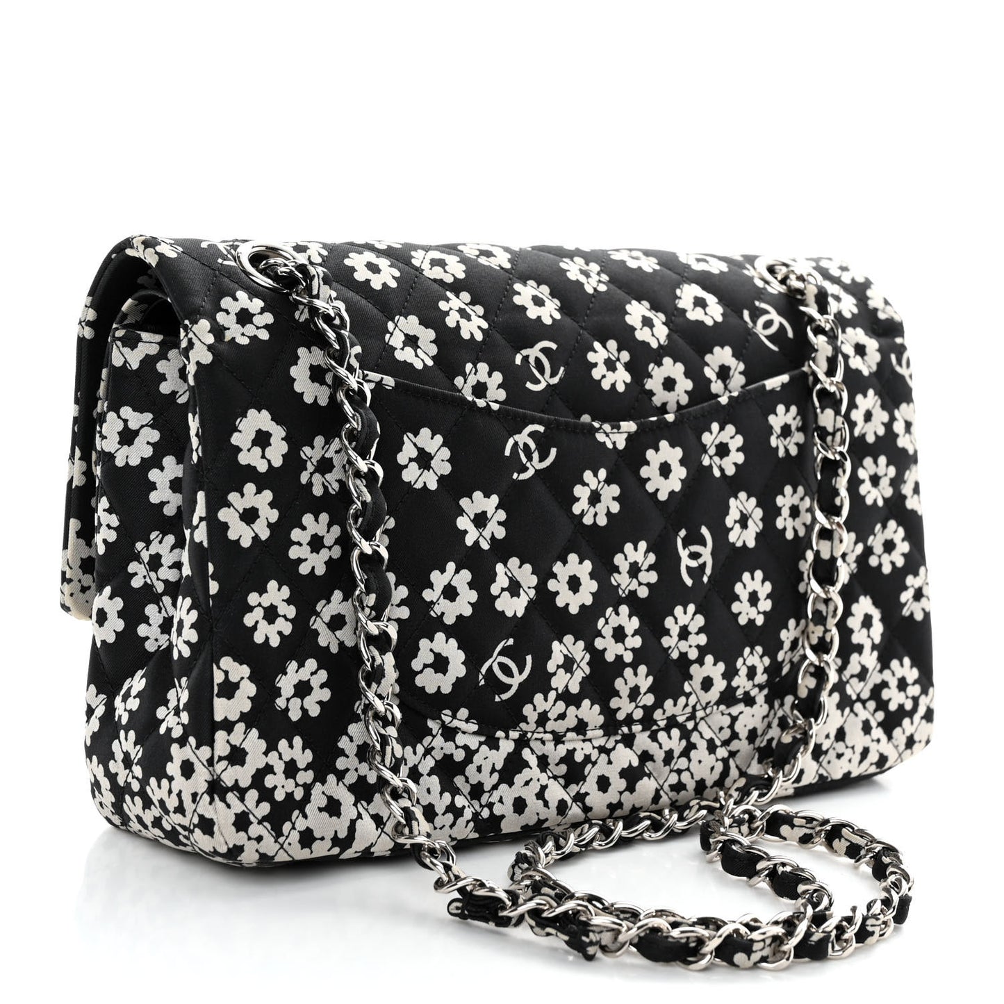 Canvas Floral Printed Quilted Medium Double Flap Black White