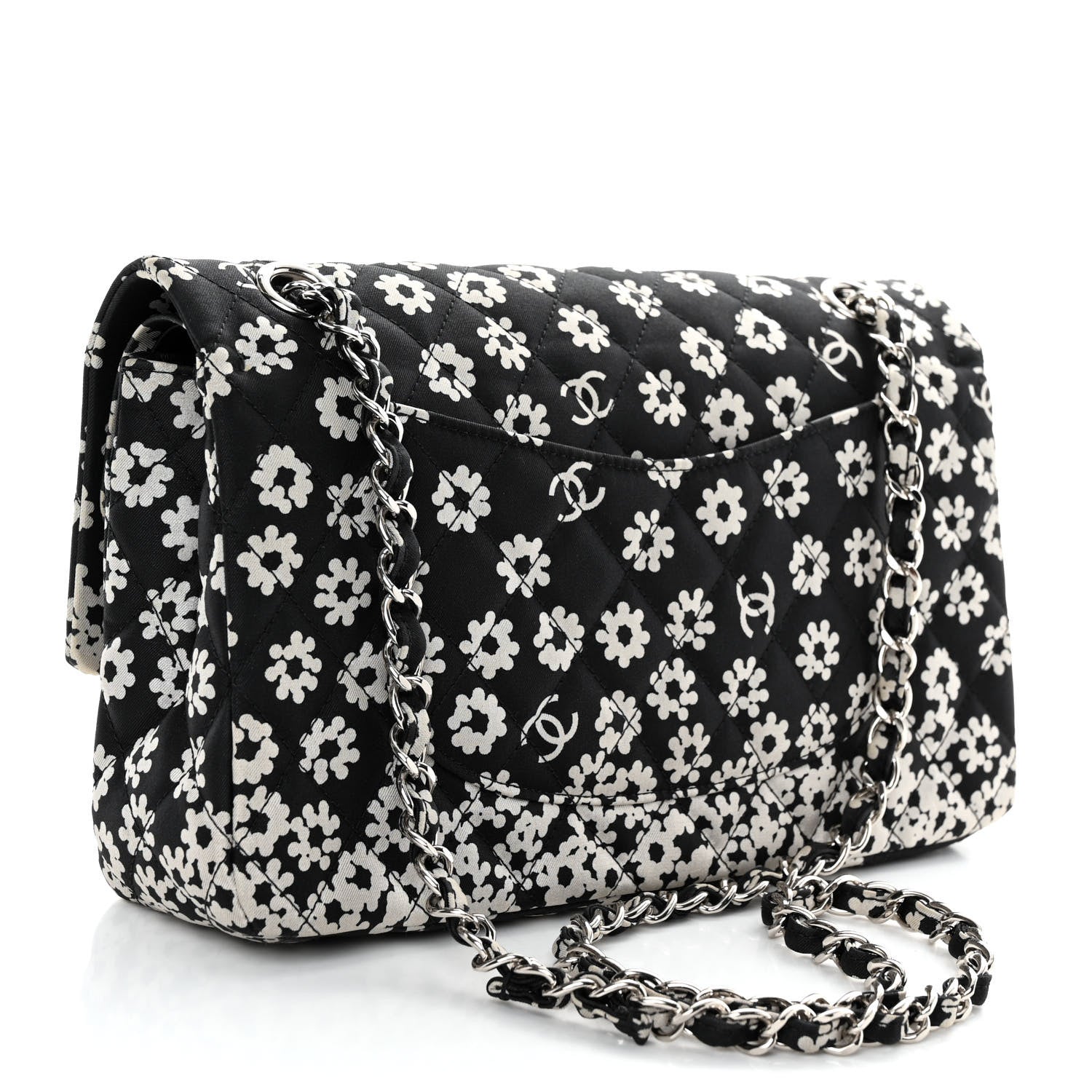 Chanel Canvas Floral Printed Quilted Medium Double Flap Black White 3 of 13