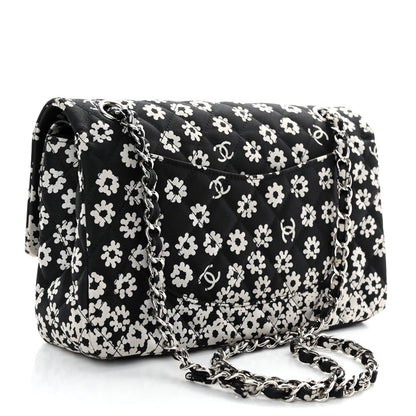 Chanel Canvas Floral Printed Quilted Medium Double Flap Black White 3 of 13